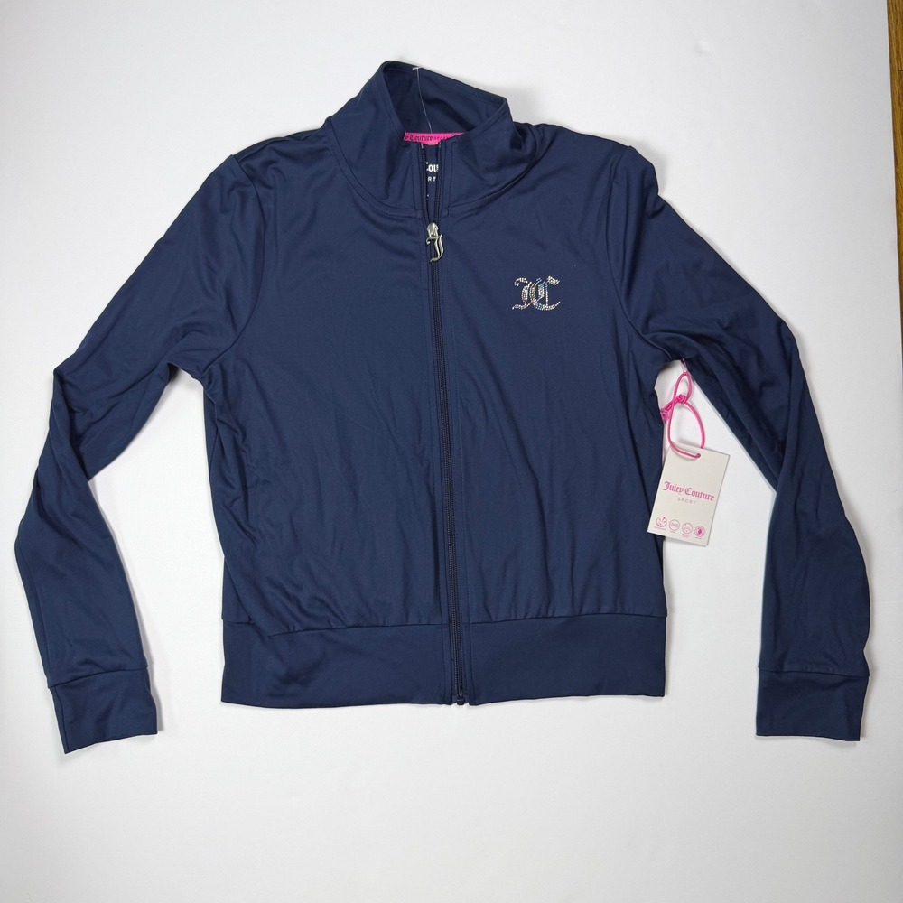 Juicy Couture Sport Y2K Rhinestone Logo Womens Track Jacket Navy Blue Athleisure